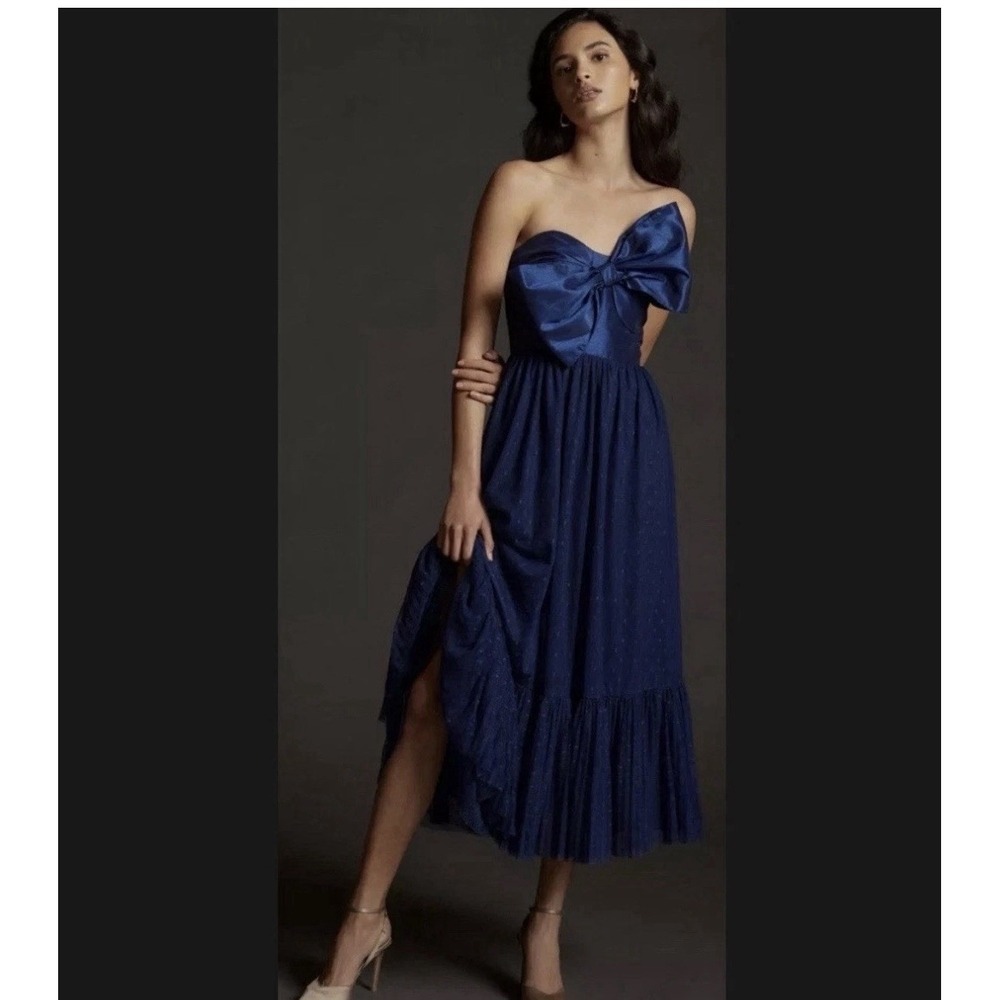 Hutch Strapless Bow Midi Dress Navy Blue Swiss Dot Tulle Formal Cocktail Glam 6